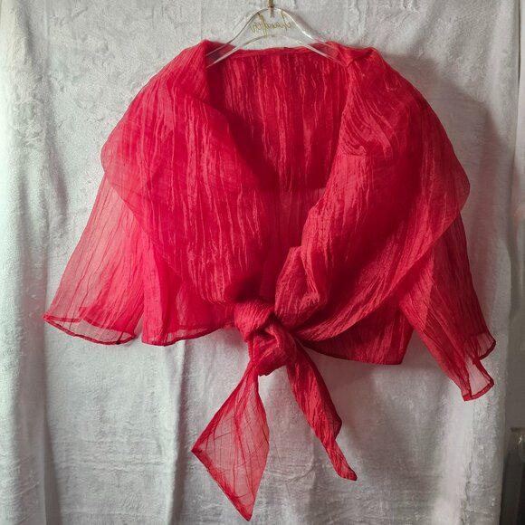 Red Dress Jacket Women's Cropped Translucent Fabric Undersized Sleeve - Picture 1 of 9